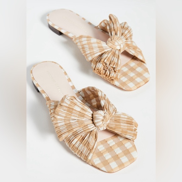 Loeffler Randall Daphne Knot Flat Sandals In Mustard Gingham - Picture 1 of 7